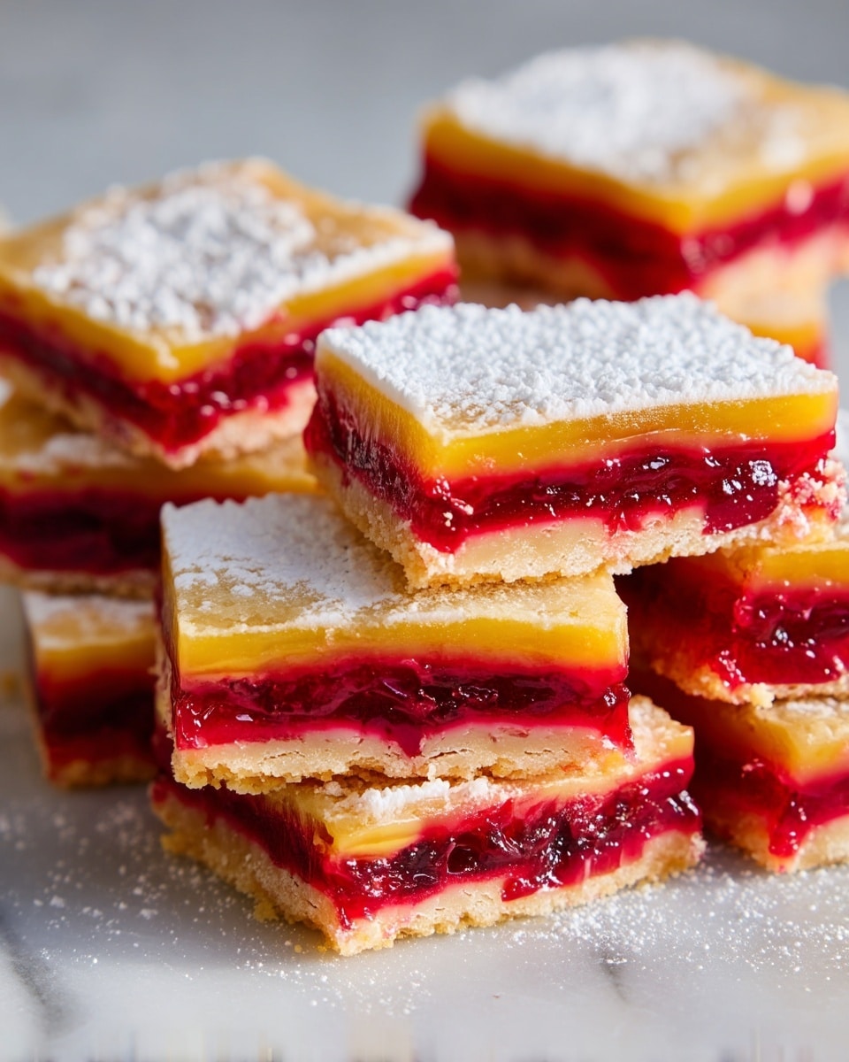 The image shows a close-up of several stacked dessert bars with four visible layers: a bottom golden crumbly crust, a thick bright red jam layer with a glossy, jelly-like texture, a smooth yellowish custard-like layer, and a thin dusting of white powdered sugar on top. The bars are cut into neat squares and arranged on a white marbled surface. Some bars lean against each other, revealing the vivid colors and textures of each layer clearly. photo taken with an iphone --ar 4:5 --v 7