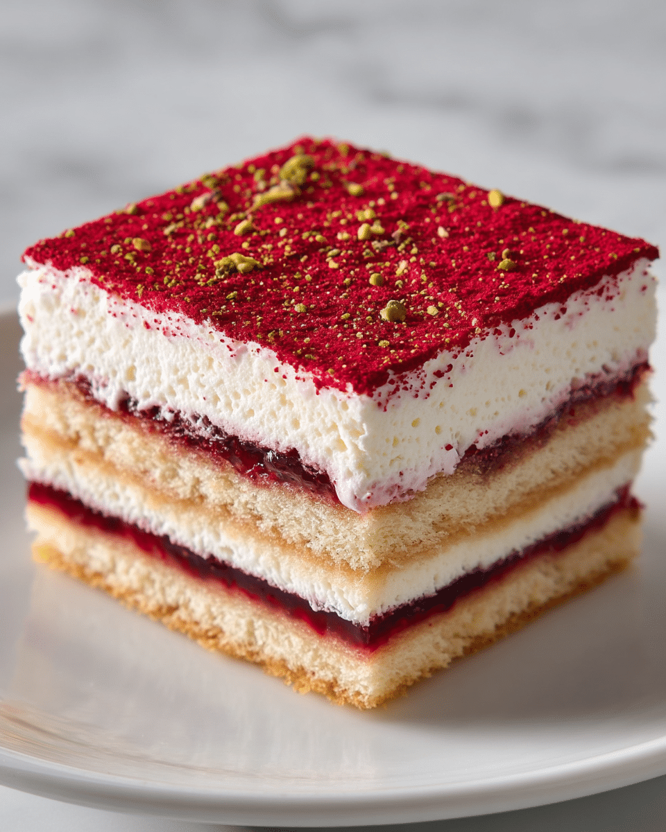 A close-up of a square layered dessert with four visible layers. The bottom layer is light brown sponge cake soaked slightly, above it is a thick layer of white creamy filling mixed with bright red berry jam. Next is another layer of light brown sponge cake with a glossy dark red jam layer on top. The top layer is thick white creamy filling covered with a smooth, bright red powder sprinkled with small green specks. The dessert sits on a simple white plate on a white marbled surface. photo taken with an iphone --ar 4:5 --v 7
