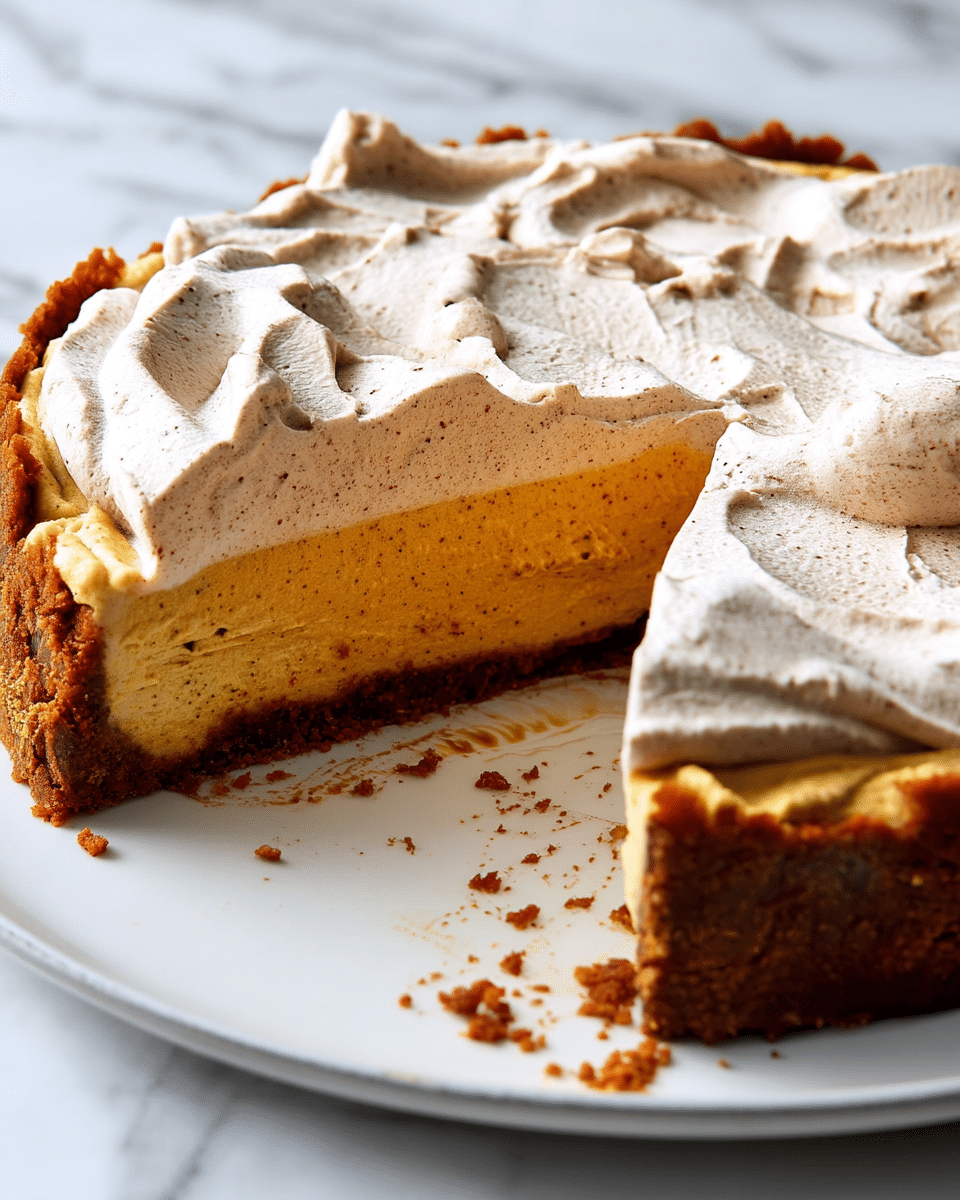 A close-up view of a pie on a white plate with three visible layers: the bottom layer is a dark brown crumbly crust; the middle layer is a thick, smooth pumpkin-orange filling; and the top layer is a light beige whipped cream with tiny cinnamon specks, swirled softly across the surface. One slice has been cut and partly removed, showing the neat edges of the layers and some crumbs scattered on the plate. The background is a white marbled texture. photo taken with an iphone --ar 4:5 --v 7