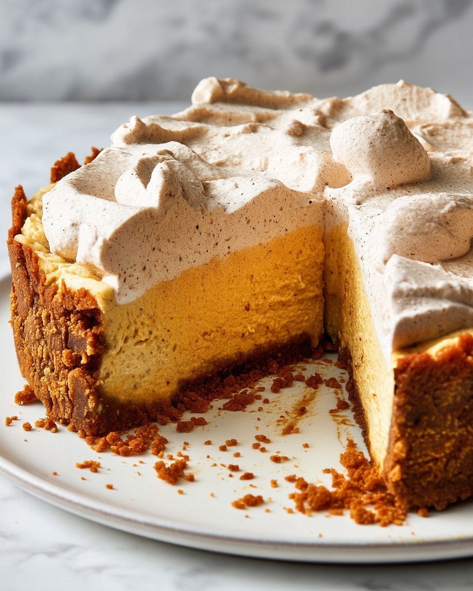 A close-up view of a creamy dessert pie with three distinct layers, placed on a white plate against a white marbled background. The bottom layer is a thick, crumbly brown crust that wraps unevenly around the sides. The middle layer is a smooth, dense yellowish-orange filling, cut to show a clean slice removed. The top layer is a light, fluffy whipped cream with a slightly speckled texture, spread thickly and unevenly over the filling, creating soft, swirling peaks. Crumbs from the crust are scattered lightly around the empty space where the slice was taken. photo taken with an iphone --ar 4:5 --v 7