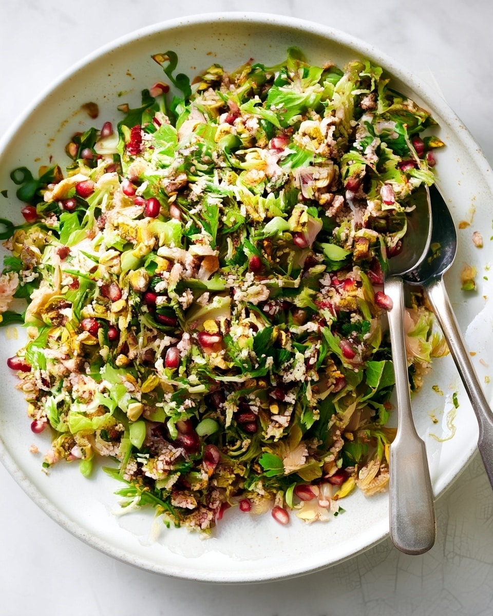 A large white bowl filled with a colorful grain salad featuring finely chopped green herbs and shredded lettuce as the base, mixed with small light brown grains and bright red pomegranate seeds scattered evenly throughout. There are also slices of green onions and rough, chopped pistachios adding texture on top. Two large silver serving spoons rest inside the bowl on the right side. The bowl sits on a white marbled surface, with a small stack of white plates and forks visible on the left side. photo taken with an iphone --ar 4:5 --v 7