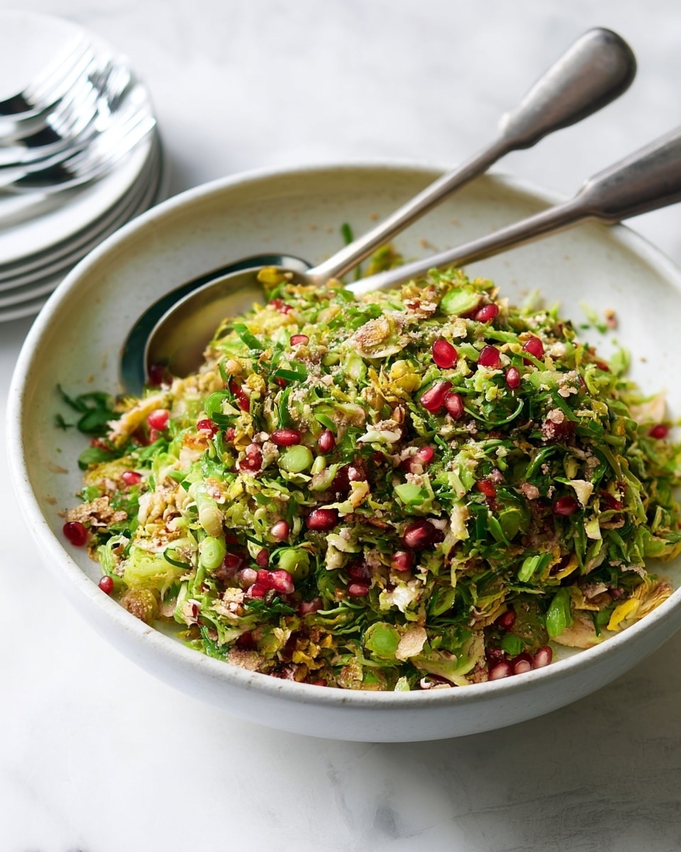 A large white bowl filled with a colorful mixed salad, showing layers of finely chopped green vegetables such as shredded Brussels sprouts and green onions, with scattered bright red pomegranate seeds and small crunchy brown bits that appear to be chopped nuts. The salad has a fresh and textured look, with light seasoning of herbs visible throughout. Two old silver spoons rest partly inside the bowl, slightly covered by the salad. The bowl sits on a white marbled surface with a clean and soft background, while part of a stack of white plates with silver forks is visible on the left side. Photo taken with an iphone --ar 4:5 --v 7