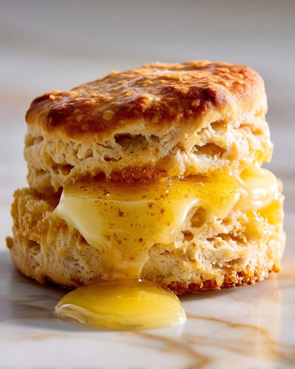 A close-up view of a biscuit with two visible layers: the top layer is golden brown with a slightly crispy texture, while the bottom layer is light beige and soft with air pockets. Between the layers, melted butter is oozing out, creating a glossy, creamy yellow middle layer that looks warm and rich. The biscuit sits on a white marbled surface with a plain, light gray background. photo taken with an iphone --ar 4:5 --v 7