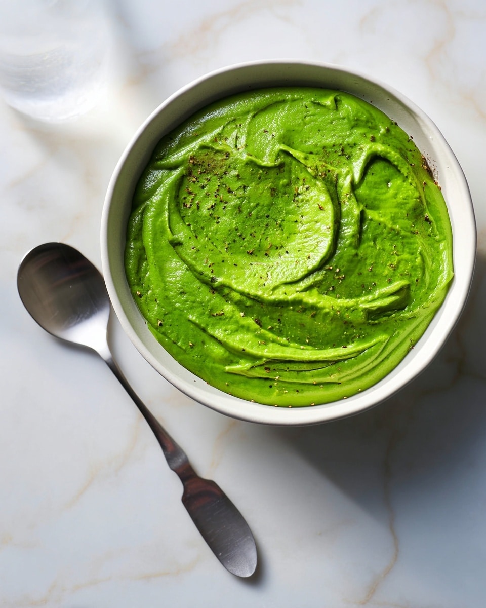 A smooth, creamy green puree fills a white bowl, with visible swirls and soft peaks created by a spoon. The bright green layer has a fresh, velvety texture, sprinkled lightly with coarse black pepper on top. Next to the bowl lies a shiny silver spoon, resting on a white marbled surface that adds a gentle and clean background to the image. photo taken with an iphone --ar 4:5 --v 7