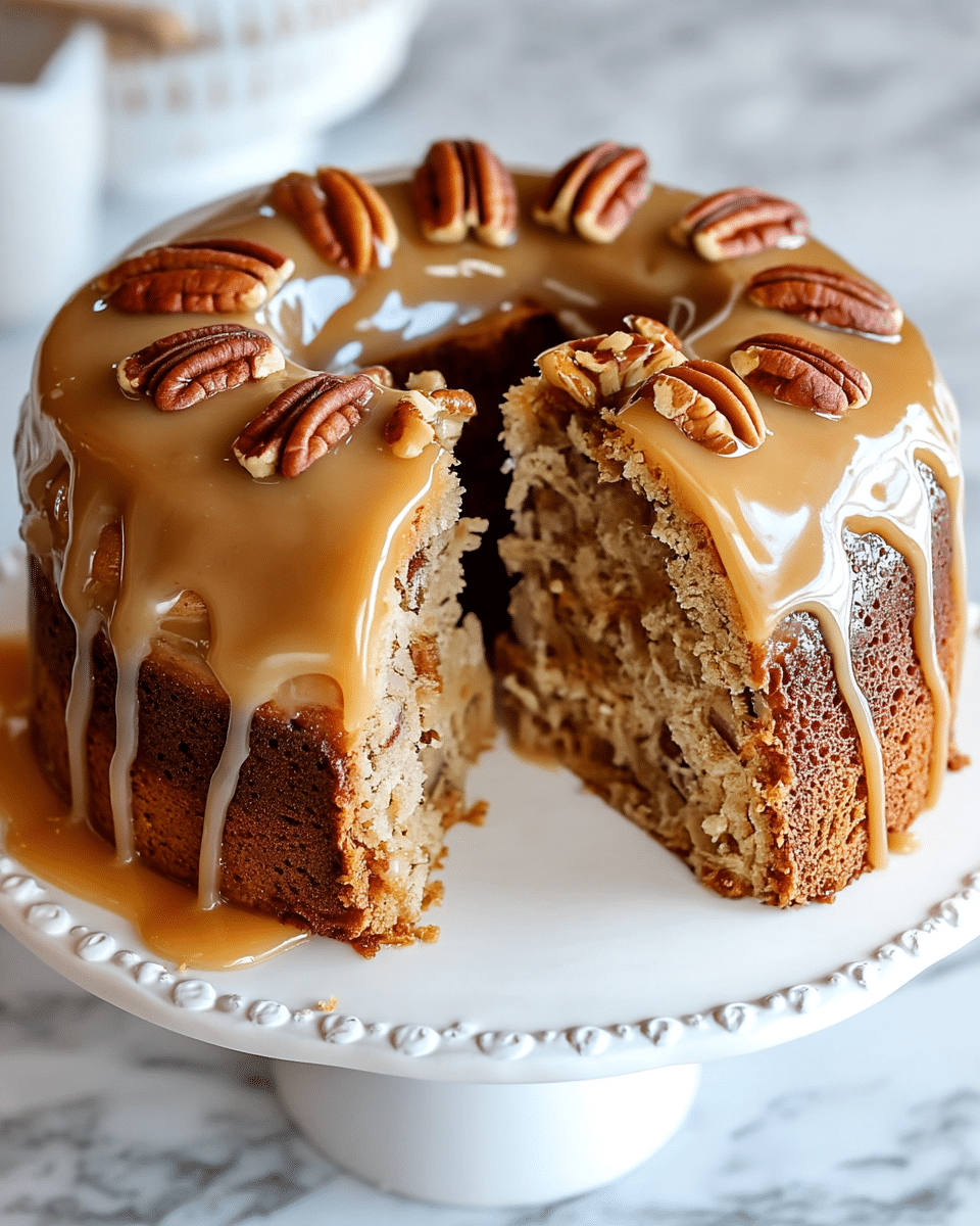 A two-layer round cake with a light brown, moist texture visible inside, showing bits of pecans mixed throughout the layers. The cake is topped with a smooth, glossy caramel-colored glaze that drips slightly down the sides. Whole pecan halves are evenly placed around the top edge of the cake as decoration. The cake is presented on a white plate with small raised decorative edging, placed on a white marbled surface. photo taken with an iphone --ar 4:5 --v 7