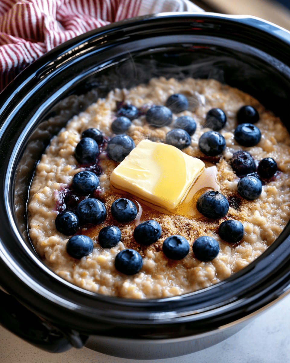 A close-up of a black slow cooker filled with creamy oatmeal topped with fresh, plump blueberries scattered evenly across the surface. In the center, a square pat of yellow butter rests on a drizzle of honey, surrounded by a light sprinkle of brown sugar. The oatmeal itself has a soft, slightly lumpy texture with a beige color, and there's a faint steam rising from it, showing it's hot. The slow cooker sits on a white marbled surface with a red and white striped cloth casually placed in the background. photo taken with an iphone --ar 4:5 --v 7
