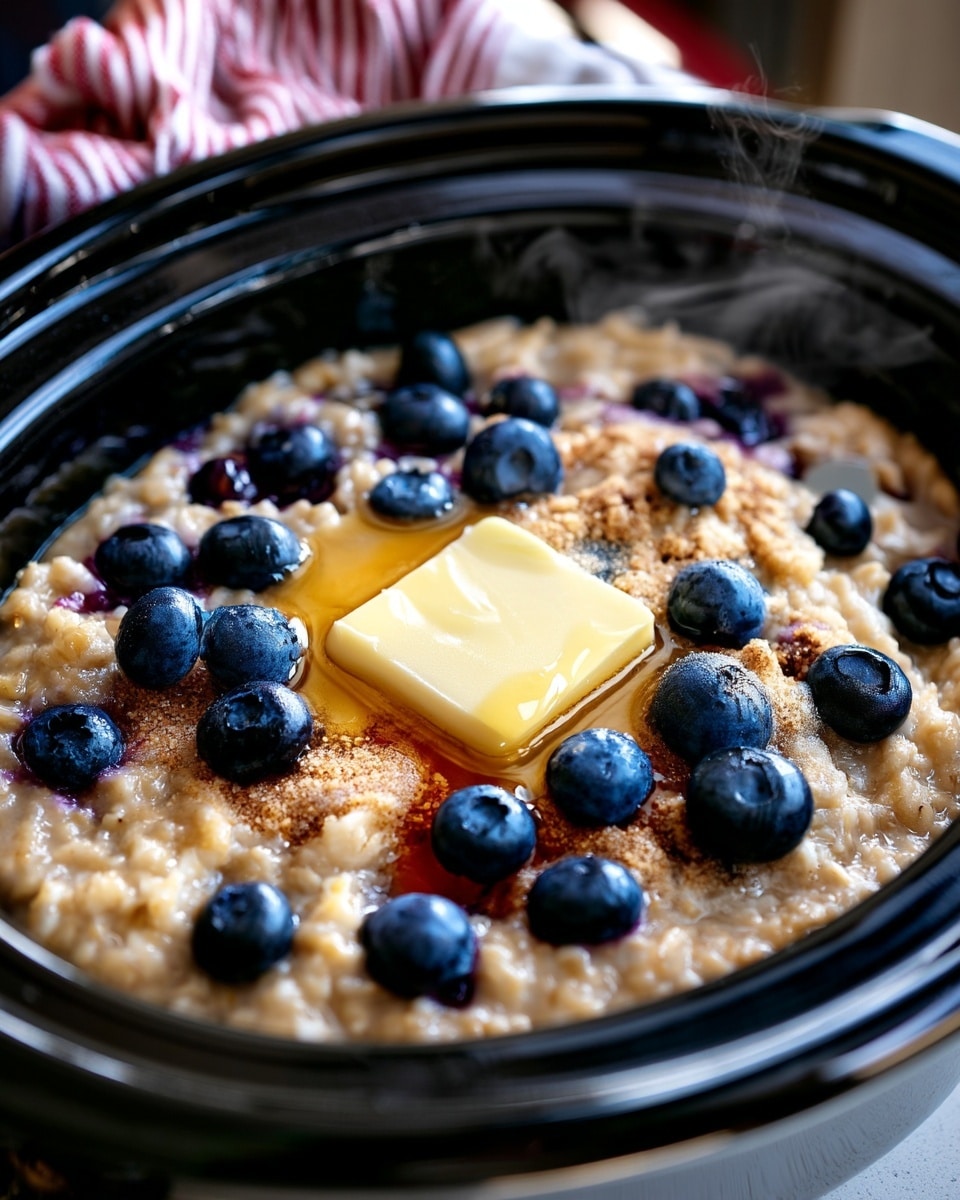 A close-up of a black slow cooker filled with thick, creamy oatmeal that has a light beige color and soft texture. Scattered on top are bright, fresh blueberries with a deep blue hue, spreading evenly across the oatmeal surface. Near the center is a melting square of golden butter resting atop the oats, surrounded by a sprinkle of brown sugar that adds a grainy texture and small pools of amber syrup glisten nearby. Steam rises gently from the dish, hinting at warmth, with a white marbled surface and a red-and-white striped cloth slightly blurred in the background. Photo taken with an iphone --ar 4:5 --v 7