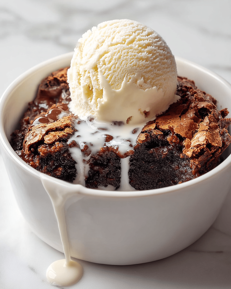 A close-up view of a white bowl filled with a warm, rich chocolate brownie layer that looks gooey and has a cracked crispy surface. On top of the brownie layer, there is a smooth, round scoop of creamy vanilla ice cream, starting to melt slightly with white cream dripping down onto the chocolate below. The bowl sits on a white marbled textured surface, giving a clean and fresh look. photo taken with an iphone --ar 4:5 --v 7