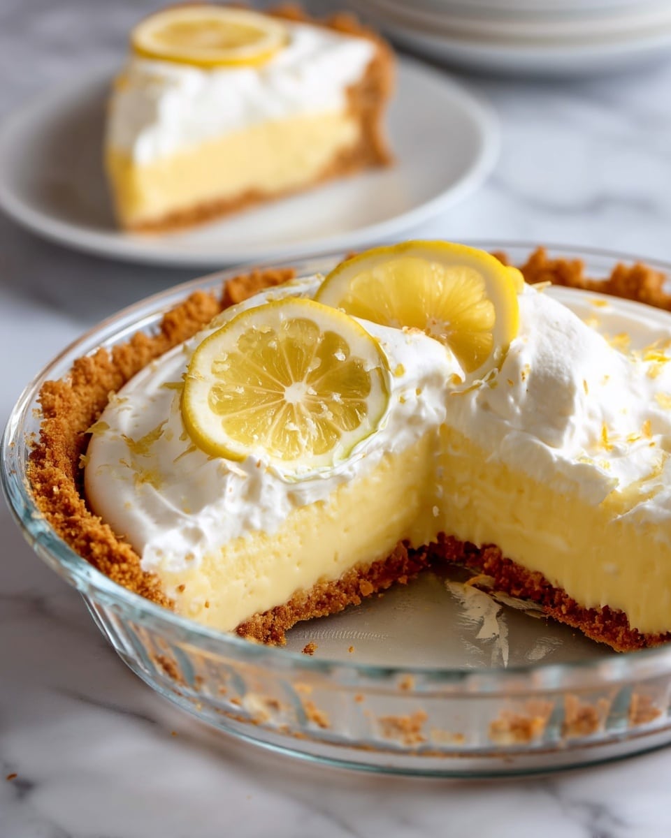 The image shows a close-up of a lemon cream pie in a clear glass pie dish on a white marbled surface. The pie has three visible layers: a golden brown crumbly crust base, a thick and smooth pale yellow lemon cream filling in the middle, and a fluffy white whipped cream layer on top. Two thin lemon slices rest on the whipped cream near the edge. A slice has been removed, showing the texture of each layer clearly. In the background, there is a white plate with a slice of pie on it, slightly out of focus. photo taken with an iphone --ar 4:5 --v 7
