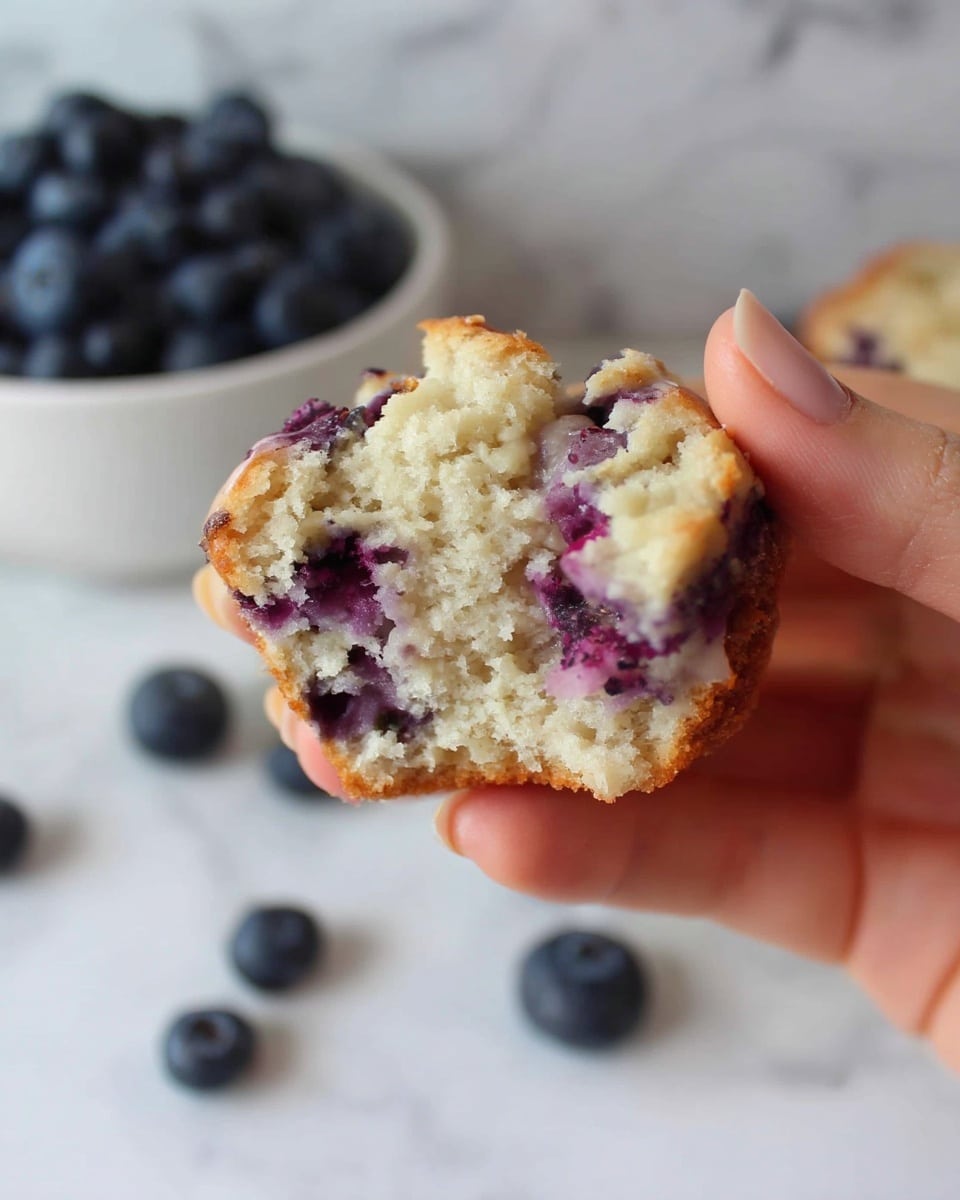 A close-up view of a bitten piece of blueberry muffin held between a woman's thumb and index finger, showing the soft, moist crumb with visible crushed blueberries inside. The muffin's light beige interior contrasts with the dark purple spots from the berries. Blurred in the background, there are scattered fresh blueberries on a white marbled surface and a white bowl filled with more blueberries, creating a fresh and inviting setting. photo taken with an iphone --ar 4:5 --v 7