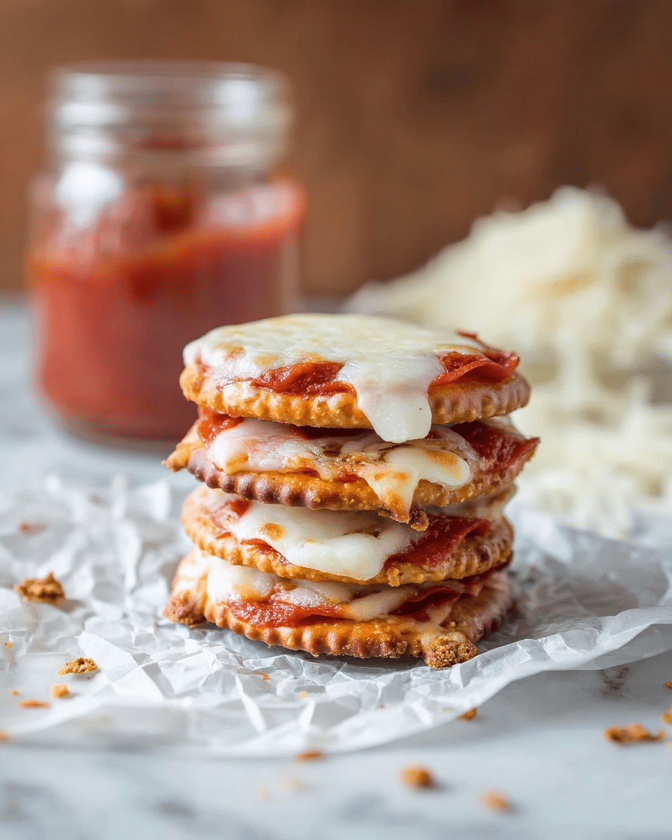 A small stack of three cracker pizzas sits on crumpled white parchment paper atop a white marbled surface. Each pizza layer consists of a golden-brown cracker base, topped with melted white cheese that looks stretchy and creamy, and a layer of red tomato sauce underneath the cheese, slightly visible around the edges. The top pizza shows the cheese melting over the sides with smooth, gooey texture. The background is softly blurred but shows a mound of shredded white cheese and a jar of red sauce, adding context to the scene. The overall color scheme features warm browns, reds, and white contrasts. photo taken with an iphone --ar 4:5 --v 7