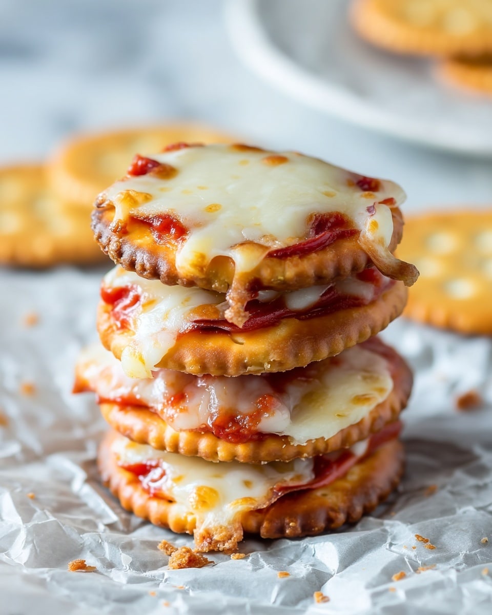 A stack of four mini pizza sandwiches made with round golden-brown crackers, each layer topped with melted white cheese and bright red tomato sauce peeking through, creating a gooey texture between the crackers. The stack sits on a crumpled white parchment paper, with edges of cheese slightly dripping off the sides in some spots. The background shows a soft-focus white marbled texture and blurred white plate with more crackers. The lighting highlights the shiny, melted cheese and crispy edges of the crackers. photo taken with an iphone --ar 4:5 --v 7