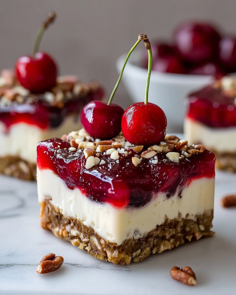 A square dessert bar with three clear layers on a white marbled surface: the bottom layer is a dense, crumbly brown crust with nut bits; the middle layer is smooth and creamy white; the top layer is a thick, glossy, deep red cherry topping scattered with chopped nuts. On top, three bright red cherries with green stems stand upright. The background shows out-of-focus white bowls with cherries. Photo taken with an iphone --ar 4:5 --v 7