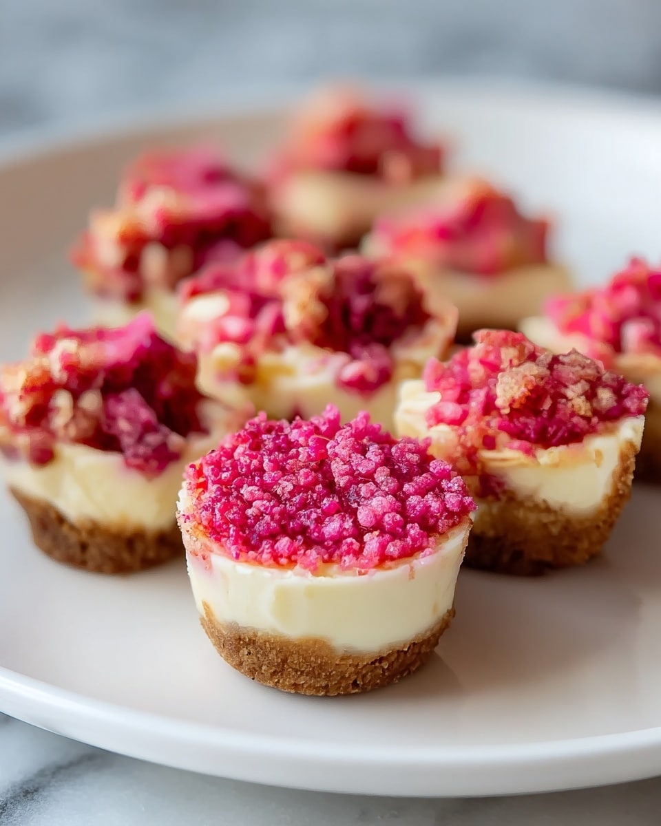 The image shows several small mini cheesecakes arranged on a white plate sitting on a white marbled surface. Each mini cheesecake has three layers: the bottom layer is a crumbly, light brown crust, the middle layer is a smooth, creamy white cheesecake filling, and the top layer is a rough textured, bright pink and red crumbly topping. The topping looks like crushed berries or candy bits. The mini cheesecakes are close together with some in the background softly blurred. The lighting is soft and natural. photo taken with an iphone --ar 4:5 --v 7