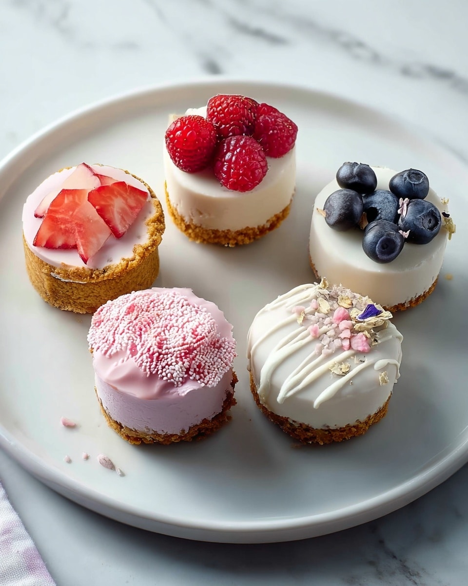 Five small round desserts sit on a large white plate on a white marbled surface. Each dessert has three layers: a golden crumb base, a smooth creamy middle layer, and a colorful topping. In the top left, a dessert has a light pink cream with three thin strawberry slices arranged in a fan shape. Next to it, in the top center, a dessert with white cream is topped with two red raspberries and three dark blue blueberries. The top right dessert has white cream topped with small dried purple and yellow flower petals. At the bottom left, a dessert with pink cream is covered halfway with tiny white and pink sprinkles. The bottom right dessert with white cream has diagonal white drizzle and is decorated with small pink and white flower-shaped sprinkles and some tiny oatmeal flakes. Photo taken with an iphone --ar 4:5 --v 7