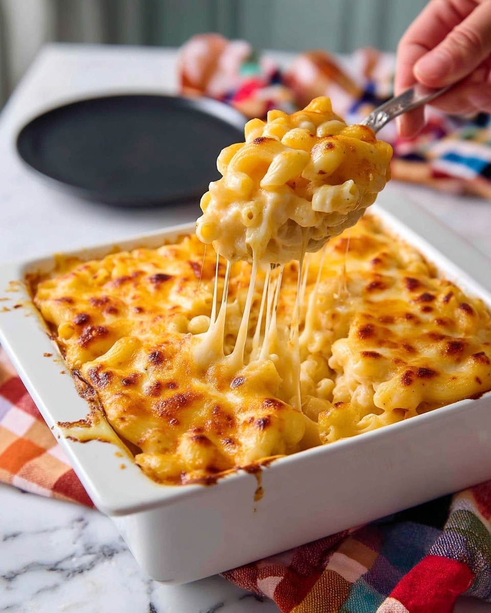 A white square dish is filled with golden baked macaroni and cheese, with a bubbly, slightly browned cheese layer on top. The dish has some cheese sauce drips down the side, showing it is rich and creamy. A woman's hand holds a large spoon lifting a thick scoop of the pasta, with melted stringy cheese stretching from the dish to the spoon. The pasta inside looks soft and well-coated with a creamy cheese sauce. The dish sits on a white marbled surface, and a colorful checkered cloth is blurred in the background with a black plate in front. photo taken with an iphone --ar 4:5 --v 7