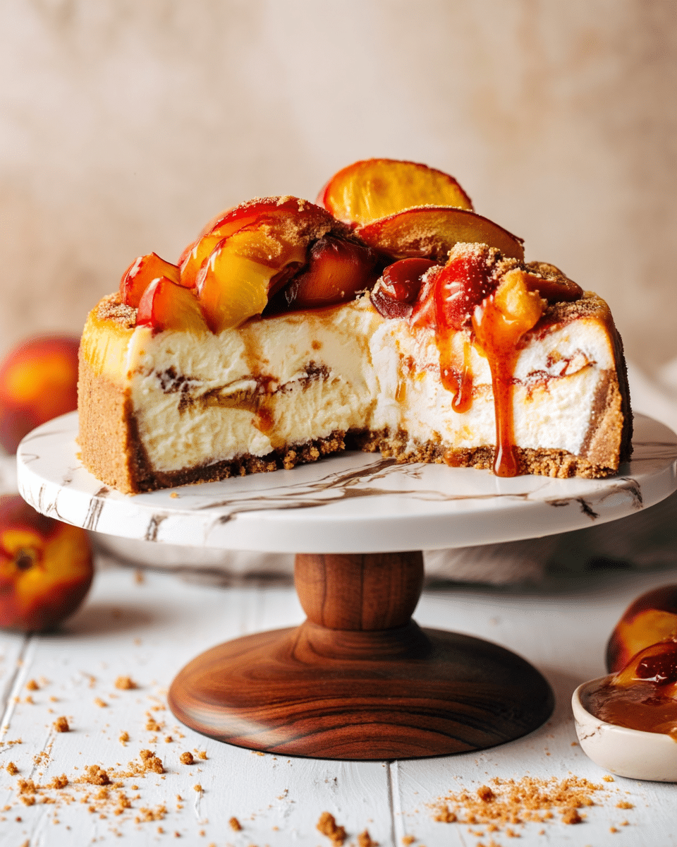 A slice of cheesecake with three visible layers stands on a wooden cake stand, set on a white marbled surface. The bottom layer is a thick, crumbly light brown crust, followed by a thick middle layer of smooth creamy white cheesecake with a thin swirl of brown running horizontally through it. On top, there is a thin layer of golden caramel sauce, and the cake is crowned with several juicy peach slices, showing rich orange and red hues and a glossy texture. Crumbs are scattered lightly over the peaches and around the cake. The background is a soft beige color with subtle texture, giving a warm, rustic feel. photo taken with an iphone --ar 4:5 --v 7