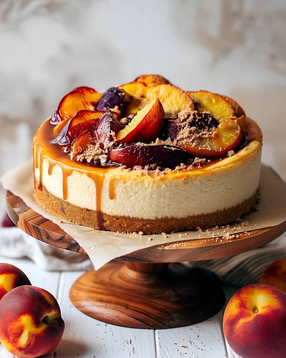 A round cheesecake with three visible layers sits on a wooden cake stand with a sheet of parchment underneath. The bottom layer is a thick, crumbly, golden-brown crust. The middle layer is smooth and creamy with a pale yellow color, showing slight texture on the sides. The top layer is decorated with glossy, caramelized peach slices in shades of deep purple and orange, arranged closely together, and sprinkled with light brown crumbly topping. The cheesecake has a drip of caramel running down the side. The background has a white marbled texture and a couple of fresh peaches rest nearby. Photo taken with an iphone --ar 4:5 --v 7