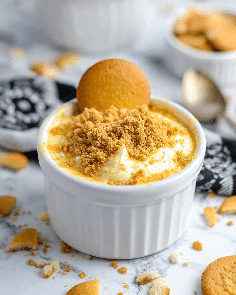 The image shows a white ramekin filled with a creamy, pale yellow pudding that has a smooth and soft texture. The pudding is topped with crumbled golden brown cookie pieces scattered unevenly across the surface, with one whole round cookie standing upright near the back edge. The ramekin sits on a white marbled texture surface with cookie crumbs scattered around it and a black and white patterned cloth partially visible to the side. In the background, there are blurred white ramekins and a spoon nearby. photo taken with an iphone --ar 4:5 --v 7