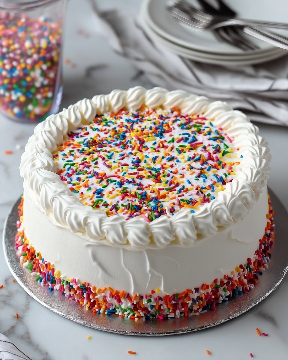 A round two-layer white cake covered in smooth white frosting sits on a silver cake board. The top layer is decorated with a thick ring of white swirled frosting around the edge. The center of the top is fully covered with colorful rainbow sprinkles in red, blue, green, yellow, pink, and orange, adding texture and brightness. The cake rests on a white marbled surface with a clear container filled with more sprinkles in the background and a stack of white plates with forks off to the side. Photo taken with an iphone --ar 4:5 --v 7