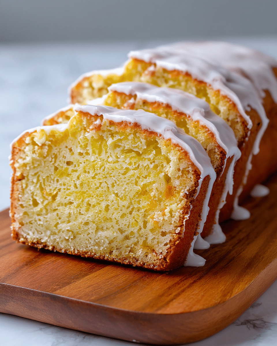 A loaf cake sliced into four pieces sits on a wooden board with a white marbled texture background. The cake has a dense, soft yellow crumb with small air holes and a slightly golden brown crust around the edges. Each slice is thick and shows a smooth, slightly shiny white glaze coating on the top and sides, dripping lightly down the edges. The layers of the cake are visible with the glaze forming a smooth, even layer that adds a glossy texture contrast to the fine crumb inside. Photo taken with an iphone --ar 4:5 --v 7