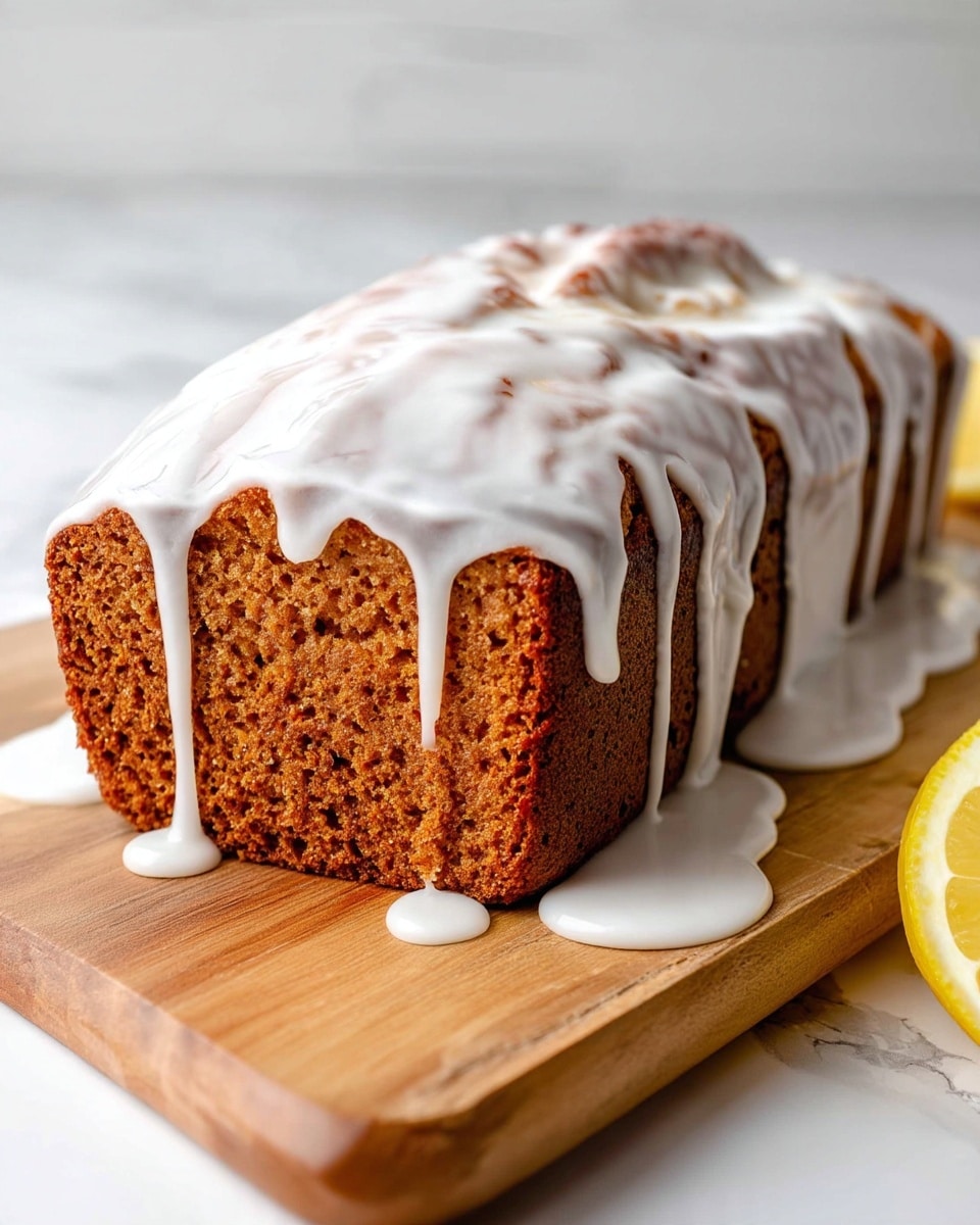 A loaf-shaped cake with a rich brown color sits on a light wooden board, covered generously with thick white icing that drips down the sides and pools around the base. The icing looks smooth but uneven, giving a homemade feel. The background is a clean white marbled texture, and a small piece of lemon is partially visible on the lower right. The front of the cake shows a detailed crumb texture through the icing layers. photo taken with an iphone --ar 4:5 --v 7