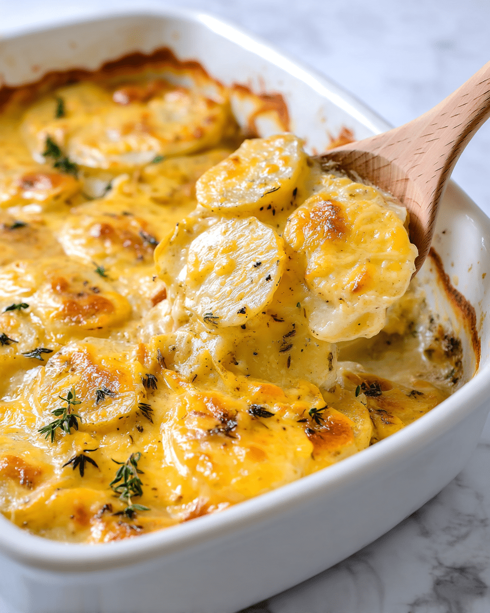 A close-up view of creamy scalloped potatoes in a white ceramic baking dish. The dish shows multiple layers of thin, light yellow potato slices covered in a golden, melted cheese sauce that looks smooth and slightly browned on top. Small bits of herbs, like thyme, are sprinkled across the surface, adding a touch of green and black contrast to the pale yellow and golden cheese layers. A wooden spoon is scooping up a portion, lifting the soft, creamy potato layers, revealing their tender texture beneath the cheese. The background is a white marbled surface. photo taken with an iphone --ar 4:5 --v 7