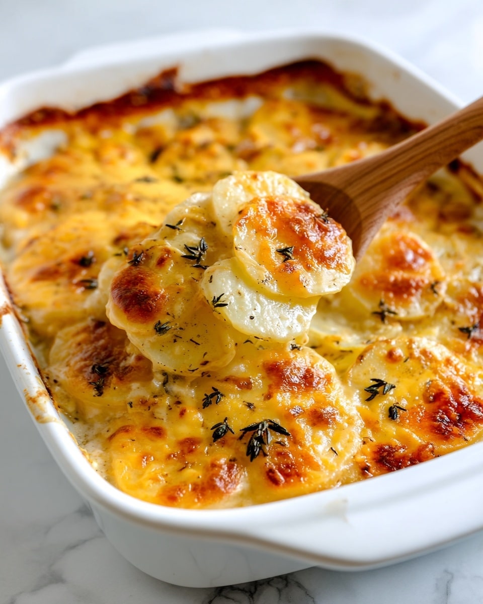 This image shows a close-up of creamy potato gratin in a white baking dish on a white marbled surface. The dish has thin layers of pale yellow potato slices baked under a golden, bubbly cheese crust seasoned with small dark herbs, likely thyme, spread evenly on top. A wooden spoon is lifting some of the cheesy potato layers, showing soft, tender textures beneath the slightly browned top. The edges of the dish have some baked cheese residue creating a home-cooked look. Photo taken with an iphone --ar 4:5 --v 7