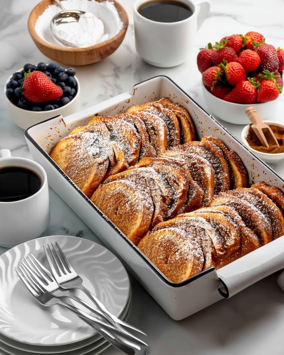 The image shows a white rectangular baking dish filled with three neat rows of golden brown French toast slices, each slice slightly overlapping the next, dusted with a light layer of powdered sugar that adds a soft white texture. Around the baking dish, there are two white cups filled with black coffee, a small white bowl full of bright red strawberries, and another white bowl with fresh blueberries, adding vibrant red and blue colors to the scene. A wooden bowl filled with powdered sugar and a spoon rests near the back, while a small white container holding brown cinnamon powder with a wooden scoop sits to the side. In the foreground, stacked white plates with shiny metal forks create a clean and simple setting, all placed on a white marbled surface that brightens the entire composition. photo taken with an iphone --ar 4:5 --v 7
