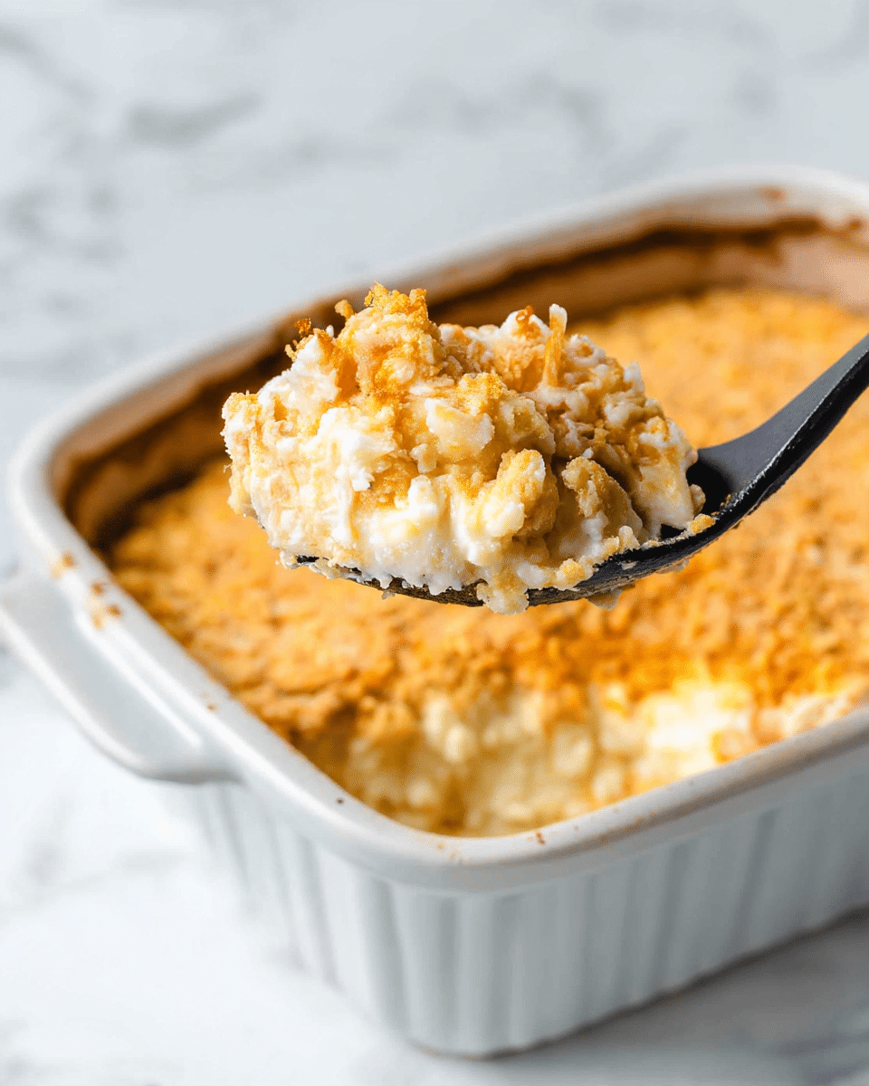 A close-up image shows a scoop of creamy, lightly golden textured casserole lifted on a black spoon above a white baking dish with slight brown baking marks. The casserole has a soft, fluffy, and slightly crumbly texture with the top layer being a toasted golden crust, and a white creamy layer underneath. The background is a white marbled texture, giving a clean and casual kitchen feel. photo taken with an iphone --ar 4:5 --v 7
