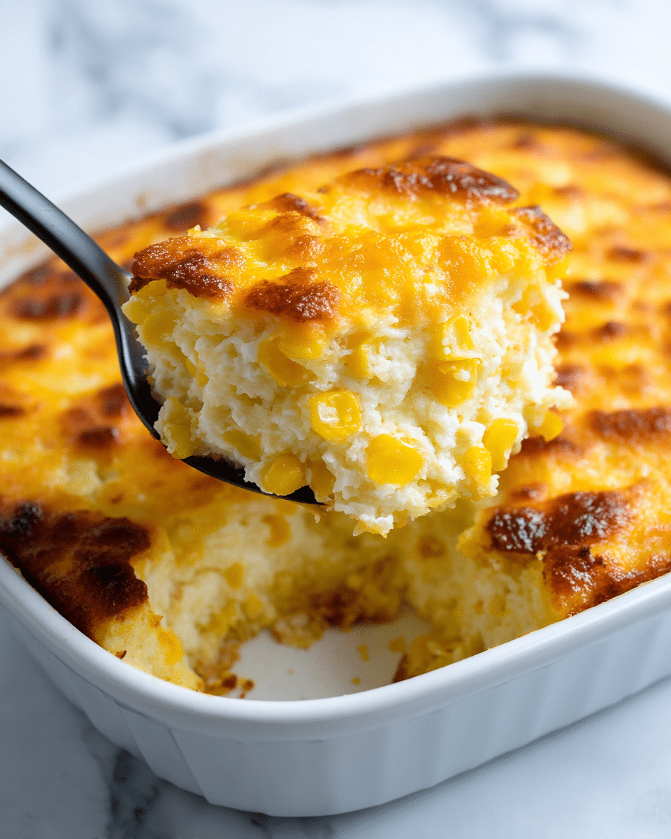 A close-up view of a creamy corn casserole inside a white dish, showing one thick serving scoop lifted by a black spoon. The casserole has two main layers: the top layer is golden and slightly crispy with melted cheese, while the bottom layer is soft and creamy with visible yellow corn kernels mixed into a smooth, pale yellow base. The edges of the casserole are browned and slightly crispy, showing a contrast between the soft inside and the crunchy outer crust. The background is a white marbled texture. Photo taken with an iphone --ar 4:5 --v 7