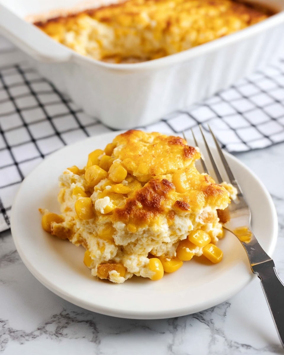 A close-up view of a creamy corn casserole served on a white plate showing one layer with golden yellow corn kernels mixed into a white creamy base with a slightly browned and crispy top. The casserole has a soft, moist, and textured look with a fork placed on the right side, cutting into the dish. In the upper left corner, a white baking dish partially filled with the same corn casserole is visible, set on a white marbled surface with a black and white checkered cloth underneath. photo taken with an iphone --ar 4:5 --v 7
