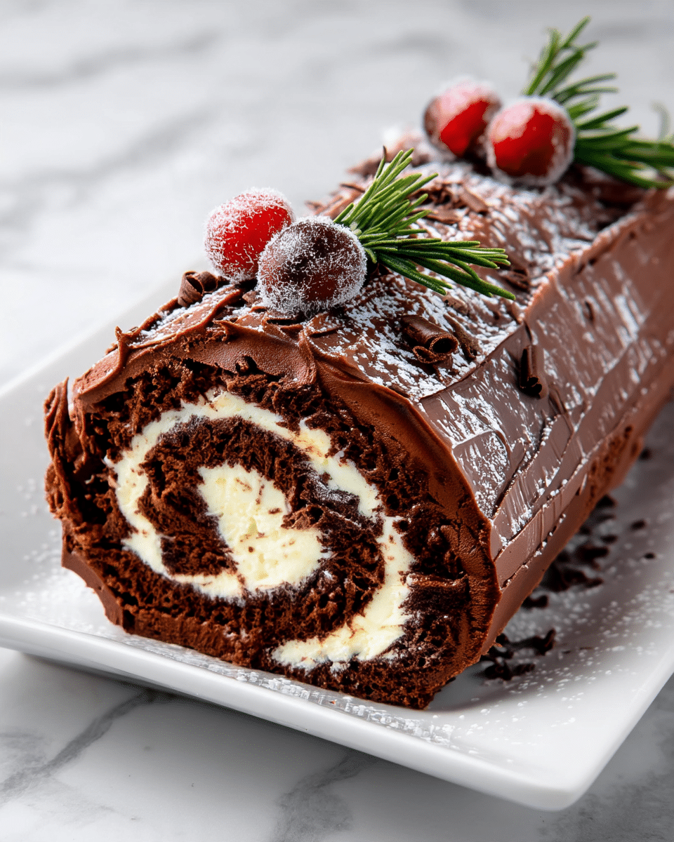 A chocolate roll cake is shown on a white plate with a spiral of dark brown chocolate sponge and creamy white filling, topped with a thick layer of smooth chocolate frosting that covers the cake fully. The frosting is decorated with small chocolate curls and a light dusting of powdered sugar. On top, there are three red berries covered lightly in sugar and some green rosemary sprigs placed next to them. The white marbled surface in the background contrasts softly with the rich chocolate cake. photo taken with an iphone --ar 4:5 --v 7
