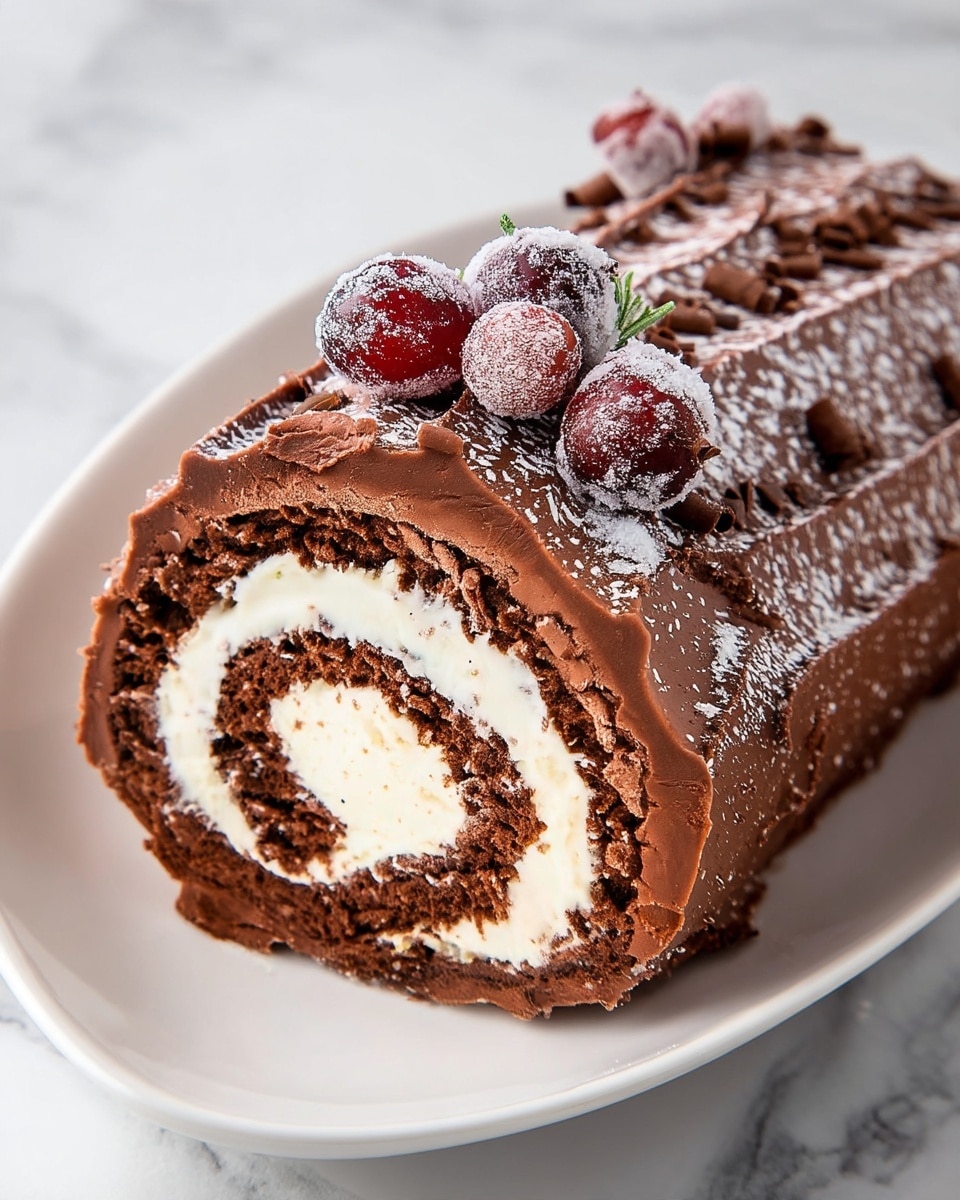 A close-up view of a chocolate roll cake placed on a white plate, showing three visible layers: the outermost is a smooth layer of chocolate frosting with small chocolate curls sprinkled on top and dusted lightly with powdered sugar, the middle layer is a dark brown soft chocolate sponge cake, and the innermost swirl is a creamy white filling spread evenly in a spiral pattern. On the top right corner of the roll, there are three red grapes coated evenly with sugar crystals, adding a frosted look. The whole setup is on a white marbled surface. Photo taken with an iphone --ar 4:5 --v 7