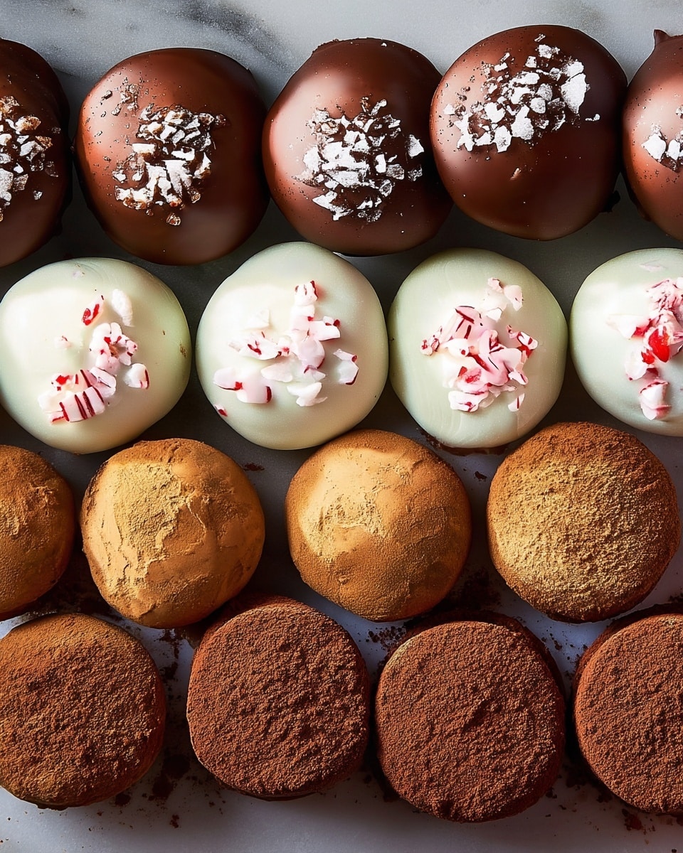 Rows of round cookies are shown on a white marbled surface, arranged in three horizontal lines. The top row has chocolate-covered cookies with a smooth, shiny brown layer topped with white sea salt flakes. The middle row features white chocolate-covered cookies with a smooth white layer decorated with crushed red and white peppermint candy bits. The bottom row displays cookies coated with a rich brown cocoa powder that gives them a powdered, matte texture. Photo taken with an iphone --ar 4:5 --v 7