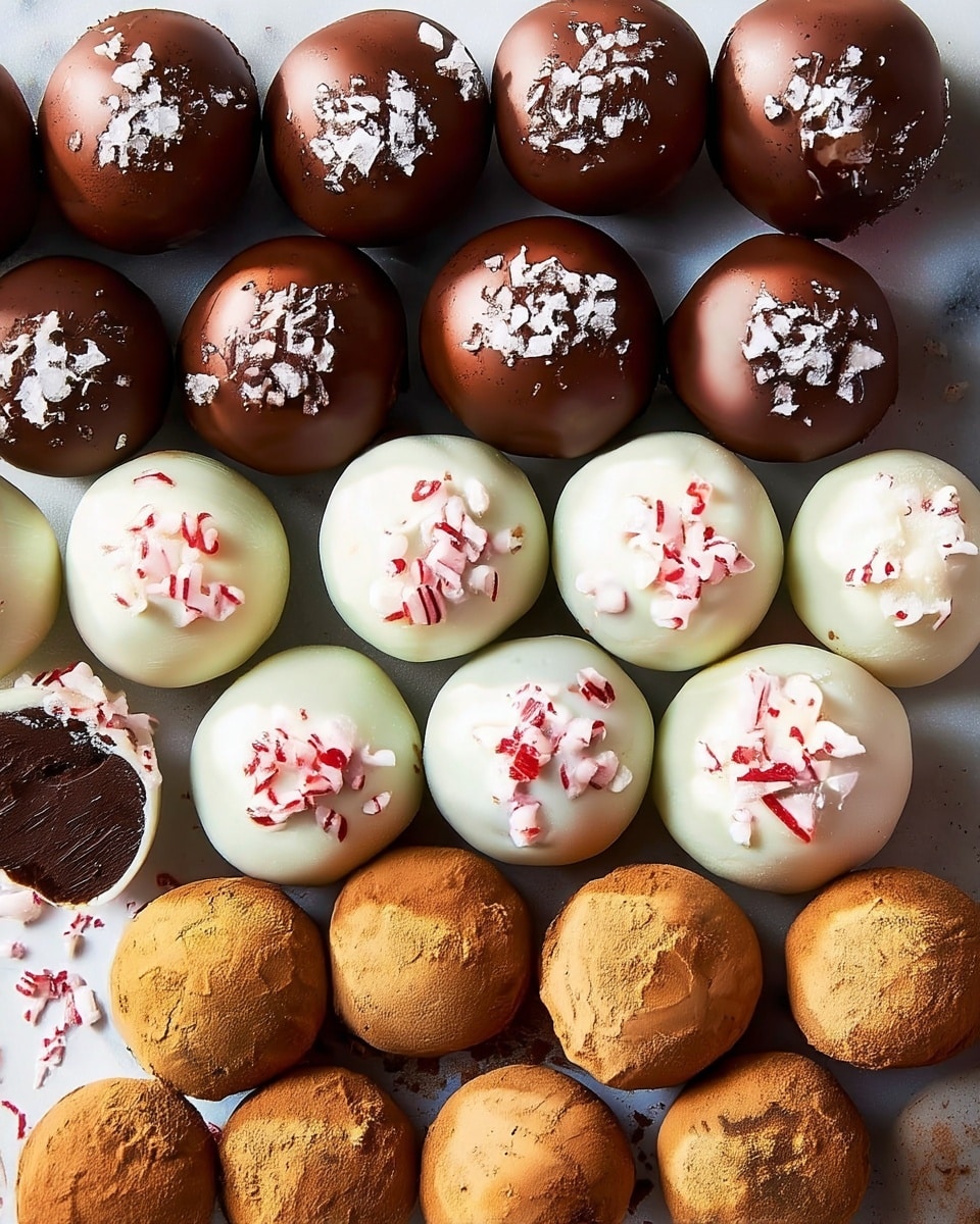 The image shows three rows of round truffles arranged neatly on a white marbled surface. The top row features milk chocolate truffles, smooth and shiny with a few flaky salt crystals on top. The middle row has white chocolate truffles decorated with small red and white crushed candy pieces, with one truffle cut open to reveal a dark, rich chocolate filling inside. The bottom row contains truffles coated in fine cocoa powder, giving them a soft, matte texture in a light brown color. photo taken with an iphone --ar 4:5 --v 7