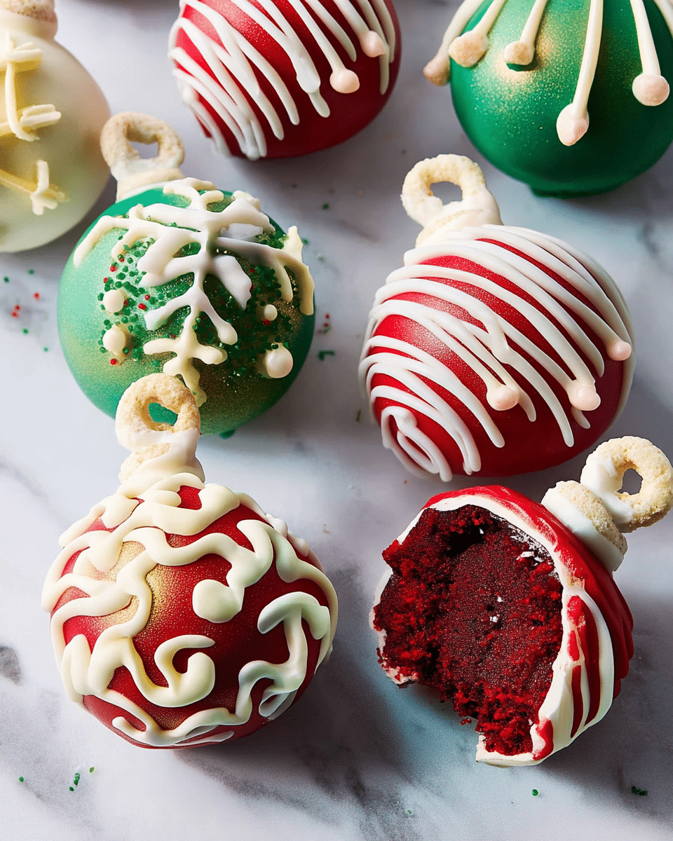 There are several round cake balls shaped like Christmas ornaments on a white marbled surface. Each ball has a shiny, smooth outer layer in red, green, or white. They are decorated with white icing in different patterns like swirls, snowflakes, and lines, and also have small green or white sugar beads. Each ball has a top detail made of a round cereal loop dipped in white icing to look like the ornament hook. One ornament is cut in half showing a red, crumbly cake inside with a smooth white coating outside. Photo taken with an iphone --ar 4:5 --v 7