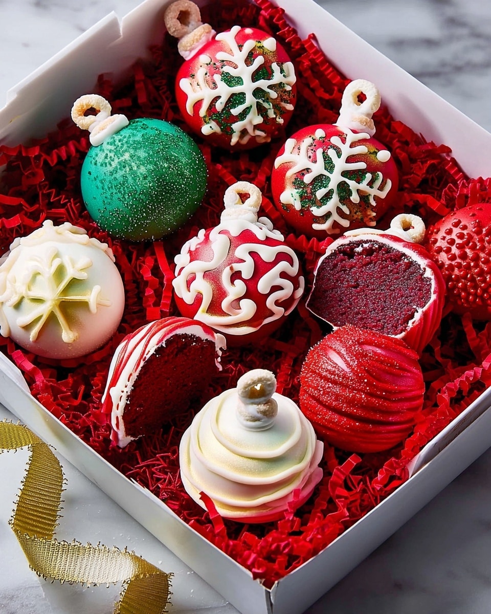 The image shows a variety of small, round holiday-themed desserts that look like Christmas ornaments, arranged on red shredded paper inside a white box. Each dessert has a smooth, glossy outer layer in red, green, or white, decorated with white icing designs resembling snowflakes, swirls, or stripes. Some have a glittery finish, and each topping includes a small loop made from icing and a cereal ring to mimic ornament hangers. One dessert is cut in half, showing a deep red, moist cake inside covered by a shiny white and red striped coating. A gold ribbon curls gently across the bottom left of the frame. The scene is set on a white marbled texture. photo taken with an iphone --ar 4:5 --v 7