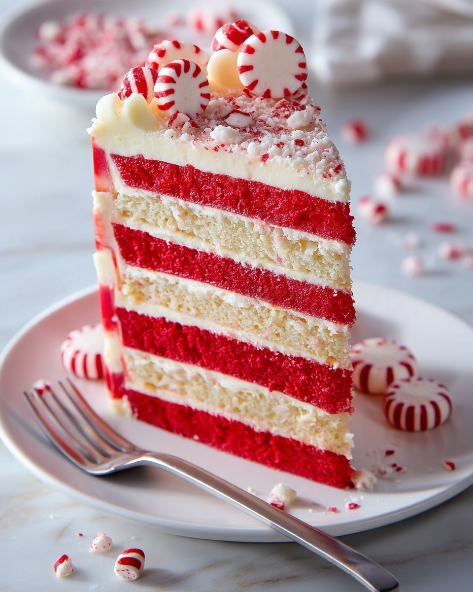 The image shows a tall slice of layered cake on a white plate with a silver fork beside it. The cake has eight layers in total, alternating between bright red and creamy white colors. The red layers have a smooth, moist texture while the white layers look soft and creamy, possibly frosting. The top of the cake is decorated with white frosting, crushed red and white candy pieces, and two round red-and-white striped peppermint candies. The plate is set on a white marbled surface with a few more peppermint candies and crumbs scattered around. photo taken with an iphone --ar 4:5 --v 7