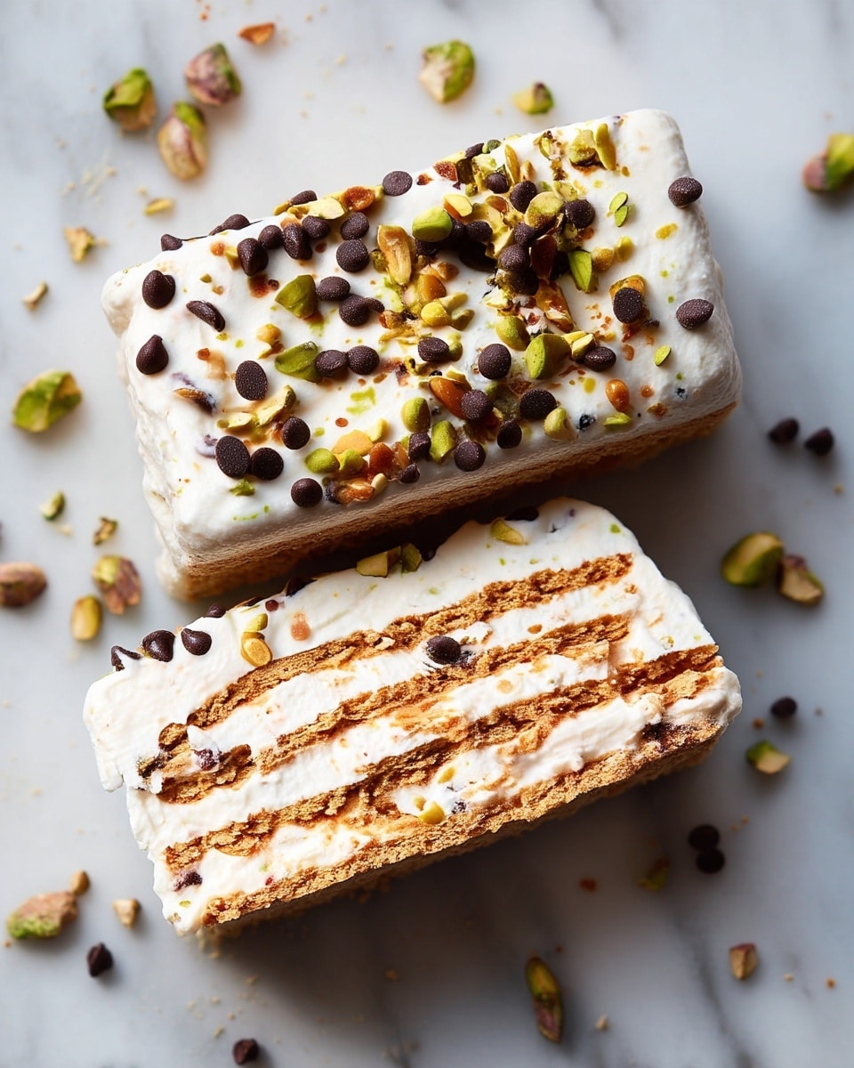 The image shows two rectangular slices of a layered dessert placed on a white marbled surface. Each slice has five visible layers of light brown biscuit layers alternating with creamy white filling that has a soft, slightly fluffy texture with small dark chocolate chips mixed inside. The top layer is a thicker spread of the same creamy white filling, sprinkled with a mix of dark chocolate chips and chopped green pistachio nuts, giving a contrast of dark brown and light green on white. Small pieces of pistachios and chocolate chips are scattered around the slices on the white marbled surface. photo taken with an iphone --ar 4:5 --v 7