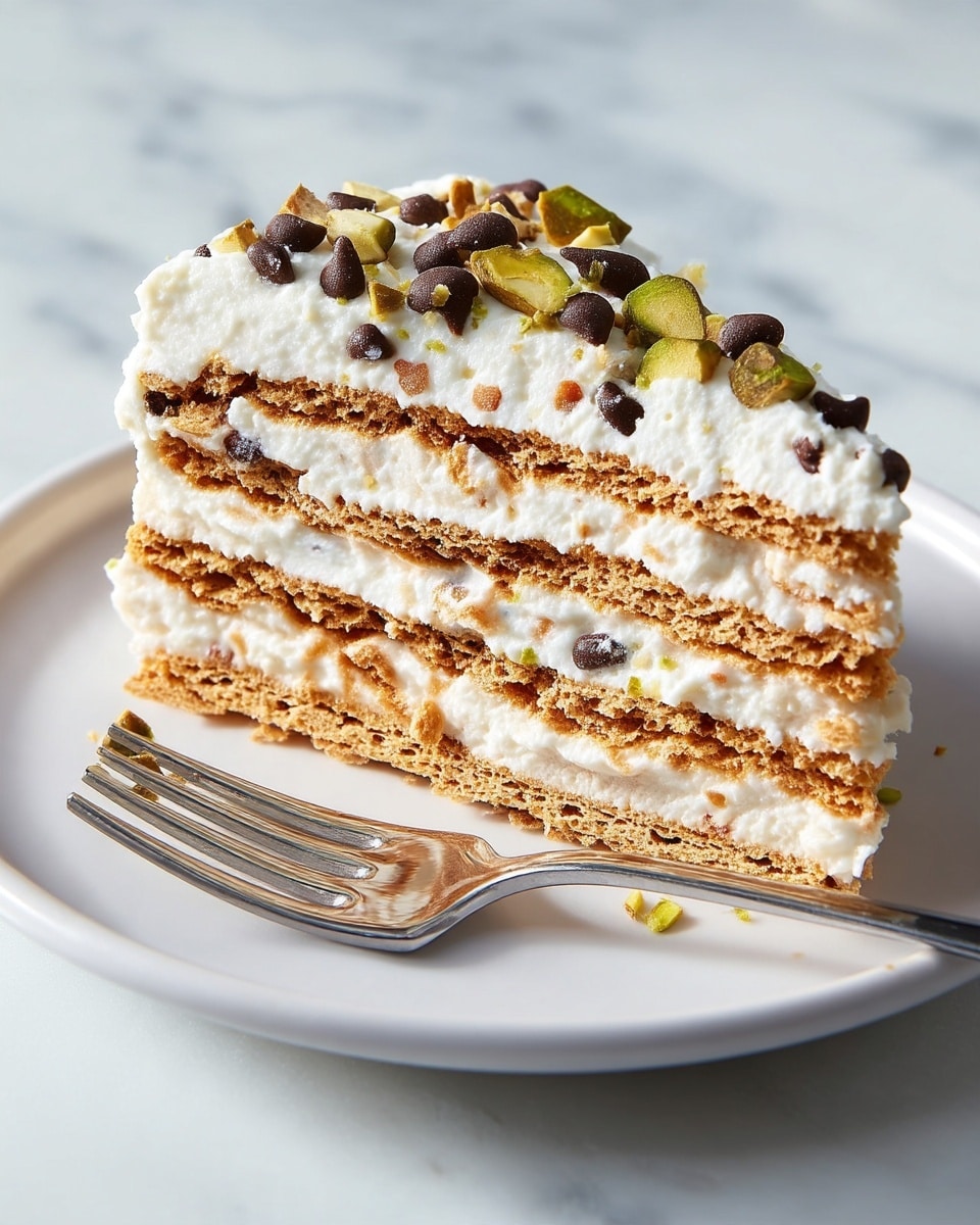 A slice of layered dessert sits on a white plate with a silver fork beside it. The dessert has five layers of light brown, crumbly biscuit or wafer alternating with four thick layers of creamy white filling that has small bits of dark chocolate chips and pistachio nuts inside. The top layer is creamy white with scattered pieces of green pistachios and chocolate chips adding texture and color. The white plate is placed on a white marbled surface. photo taken with an iphone --ar 4:5 --v 7