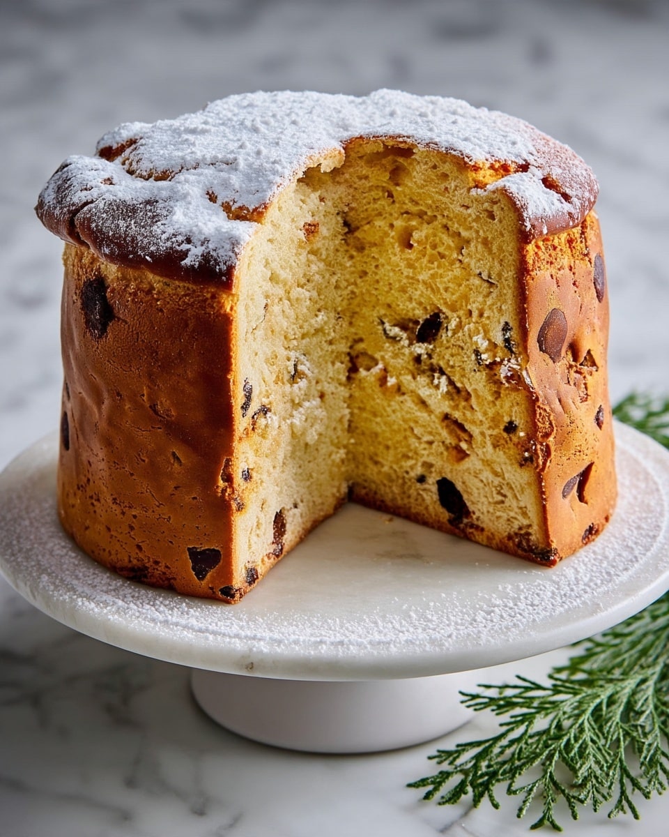 A tall, cylindrical cake with a golden brown crust is shown with one large slice cut out, revealing a soft, light beige interior dotted with dark chunks inside. The top layer is dusted with a powdery white sugar coating that spreads slightly onto the white cake stand with a wide base. The cake's crust has a rough texture with some cracked areas, while the inside looks fluffy and moist. The cake stand sits on a white marbled surface with green pine leaves partially visible at the bottom. Photo taken with an iphone --ar 4:5 --v 7