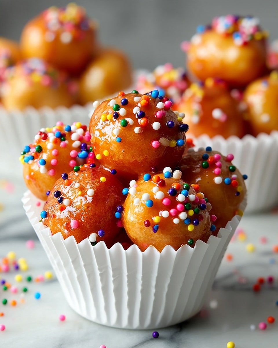 A white paper cup holds a cluster of small shiny golden brown dough balls stacked in two layers. Each dough ball is glazed with a smooth, sticky syrup that gives them a glossy look, and they are topped with colorful tiny round sprinkles in red, blue, yellow, green, white, pink, and purple. The cup is placed on a white marbled surface, and in the slightly blurred background, additional cups with the same dough balls can be seen. photo taken with an iphone --ar 4:5 --v 7