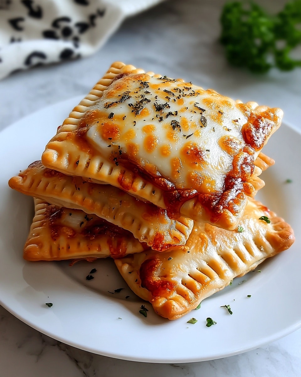A white plate stacked with five golden-brown rectangular pastries topped with melted mozzarella cheese and scattered dried green herbs. The pastries have crimped edges with a slightly crispy texture and some cheese bubbling and browning in spots on the surface. The background shows a soft white marbled texture with a blurred patterned cloth. Photo taken with an iphone --ar 4:5 --v 7