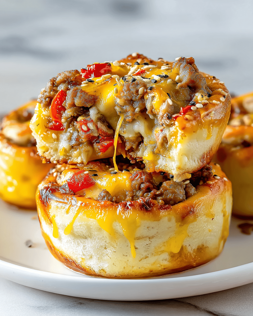 A close-up view of cheesy sausage rolls stacked in two layers, with one roll cut in half and placed on top, revealing three layers inside: a soft, light golden dough base, a middle layer of browned cooked sausage mixed with small pieces of red bell pepper, and a top layer of melted yellow cheddar cheese sprinkled with white and black sesame seeds. The rolls are placed on a white plate over a white marbled surface. The cheese oozes slightly over the edges, and the texture looks soft and gooey with some crispy browned bits. Photo taken with an iphone --ar 4:5 --v 7