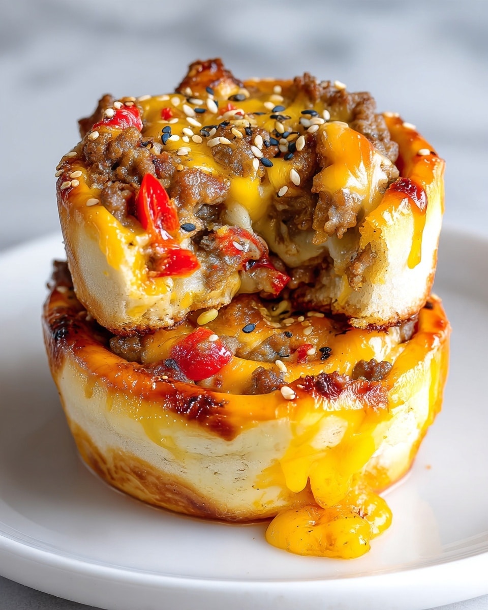 The image shows two savory muffin-sized rolls stacked on a white plate with a white marbled background. Each roll consists of a thick, light golden-brown dough layer forming the base and outer edge, with melted bright yellow cheddar cheese oozing down the sides. Inside the rolls are layers of cooked ground meat mixed with small bits of red bell peppers, topped with additional melted cheese. The surface is sprinkled with a mix of white and black sesame seeds, adding texture and contrast to the rich and moist filling. The top roll has a bite taken out, revealing the soft, cheesy, and meaty interior layers. photo taken with an iphone --ar 4:5 --v 7