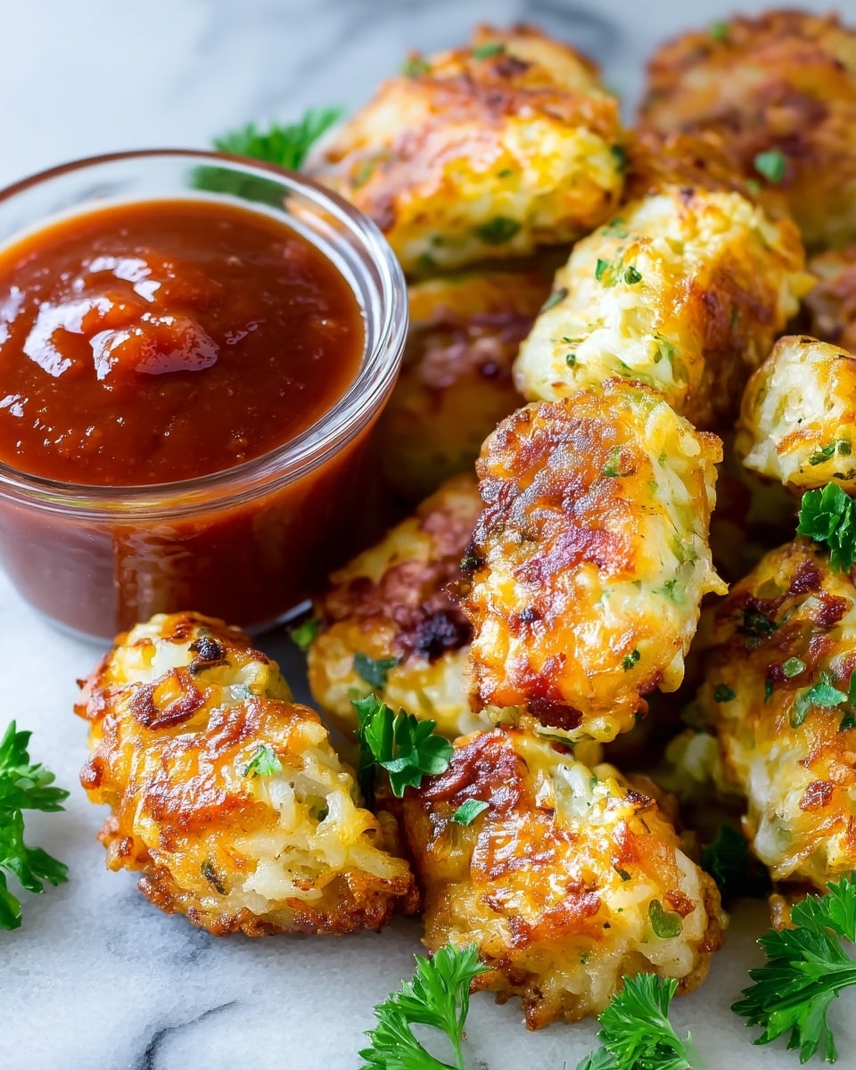 A close-up of many small, golden-brown tater tots with a crispy texture scattered on a white marbled surface. The tots are slightly uneven in shape, showing bits of green herbs mixed inside. Bright green parsley leaves are placed around the tots for decoration. On the right side, there is a small white bowl filled with thick red ketchup that has a glossy surface. One tot in the center is topped with a small parsley leaf, making it stand out. photo taken with an iphone --ar 4:5 --v 7