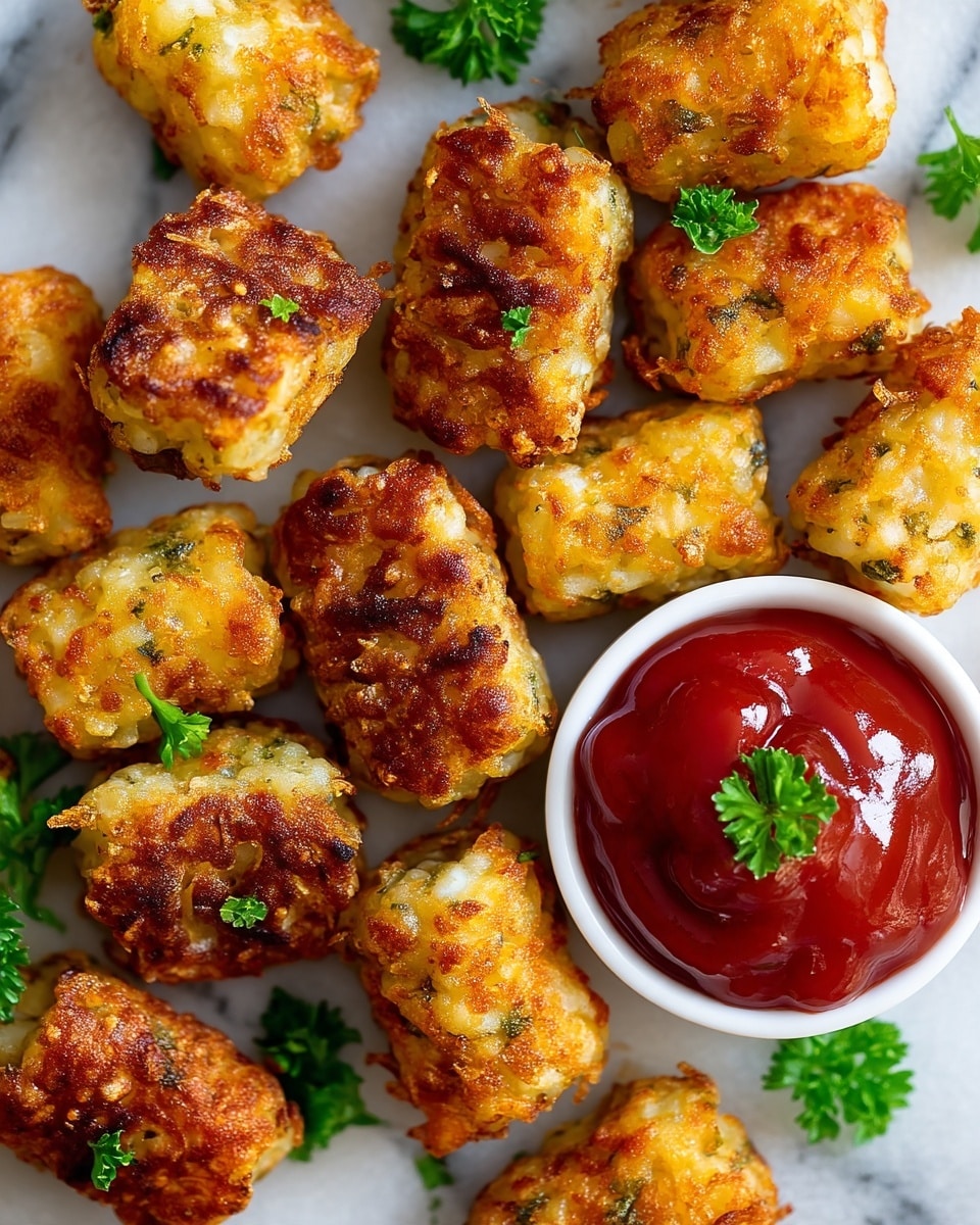 A close-up view of a pile of golden brown, crispy fried bites with visible bits of green herbs and cooked rice inside. The treats have a slightly uneven crispy texture with some browned spots, arranged closely together on a white marbled surface. On the left, there is a clear glass cup filled with thick, shiny reddish-brown sauce. Small green parsley leaves are scattered on top of the fried bites, adding a touch of fresh color. photo taken with an iphone --ar 4:5 --v 7