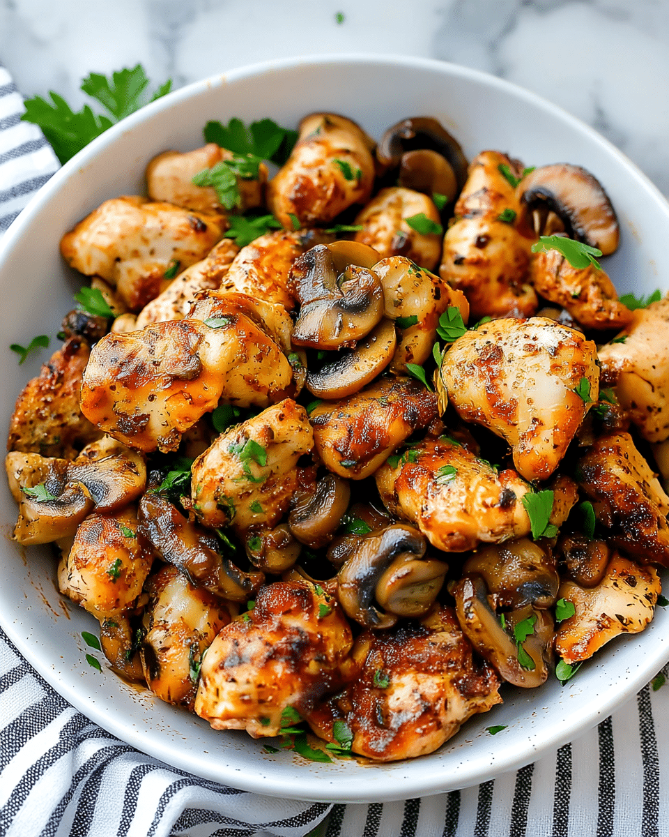 A white bowl filled with two main layers: the bottom layer has sautéed mushrooms in shades of brown with a glossy, slightly oily texture, and the top layer consists of golden-brown seasoned chicken chunks that look crispy on the outside. Small green parsley pieces are scattered evenly on top, adding a fresh color contrast. The bowl is placed on a white marbled texture surface with a gray cloth partially visible on the side and green parsley leaves around. Photo taken with an iphone --ar 4:5 --v 7