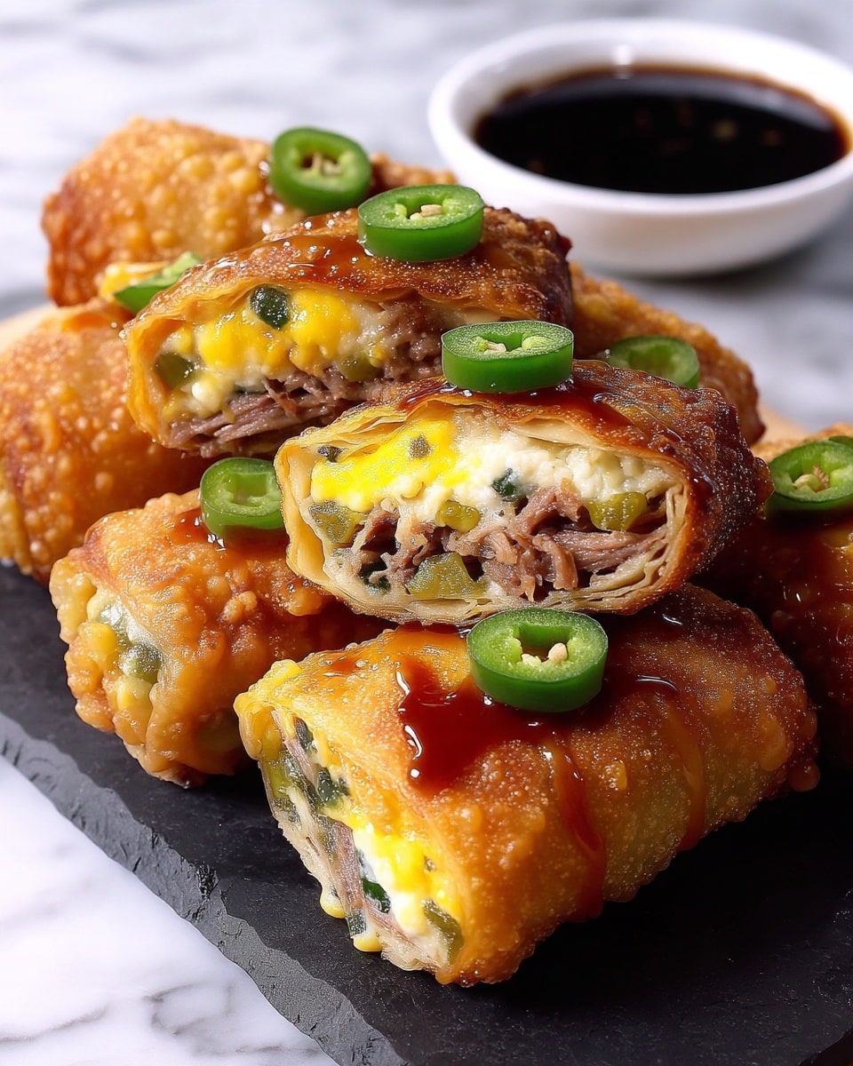 The image shows several golden brown, crispy, deep-fried rolls arranged closely on a dark serving tray placed on a white marbled surface. Each roll is cut in half, revealing three main layers inside: an outer thin, bubbly, crispy shell; a middle layer of melted yellow and white cheese with green bits of vegetables; and a dense inner layer of shredded brown meat. The rolls are garnished with small slices of fresh green chili and drizzled with a shiny, dark brown sauce. In the background, there is a small white bowl filled with dark soy-based dipping sauce. photo taken with an iphone --ar 4:5 --v 7